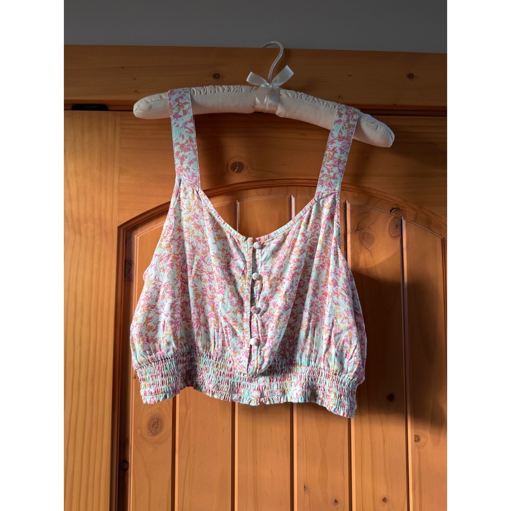 Roxy Women Floral Button Front Smocked Hem Crop Top Pink Mint Green NWT